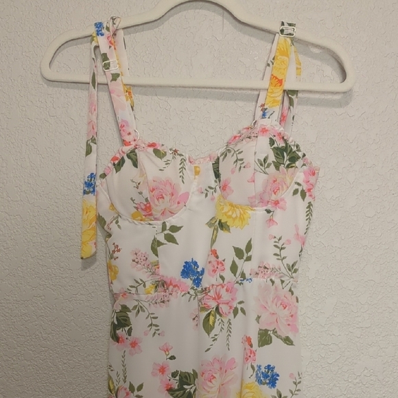 Lily Rose cream colorful floral bustier midi dress faux shoulder tie straps - Picture 6 of 10